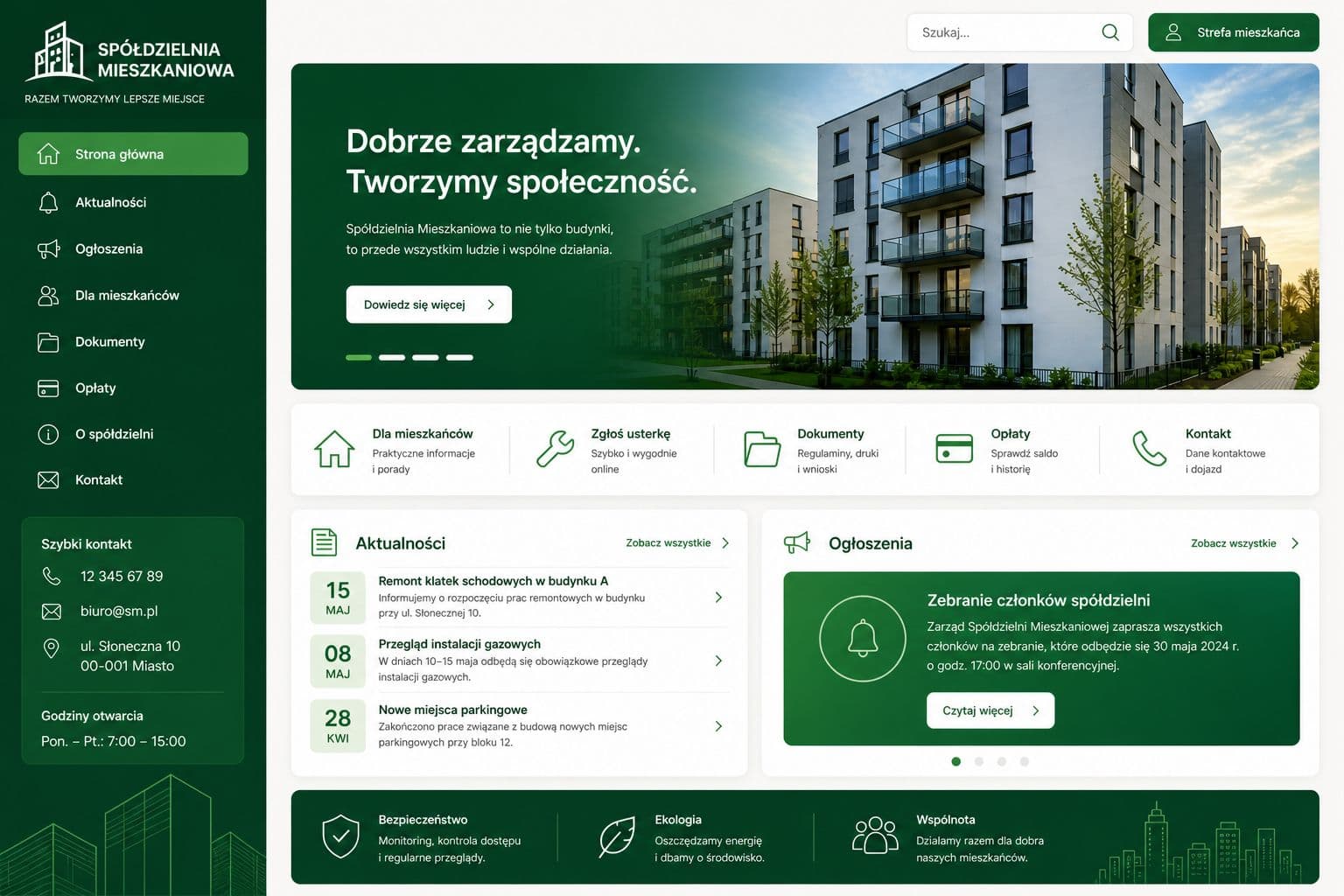 Strona i Panel Mieszkańca (Dark Sidebar)